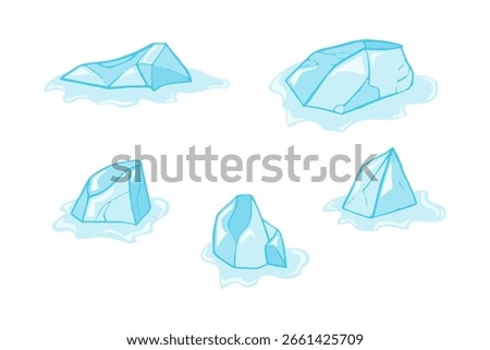 Set of six melting glaciers gradually disappearing into the ocean, illustrating the rising sea level and highlighting critical global warming and climate change challenges