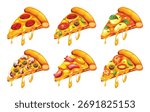 Set of six melting pizza slices with various toppings including Margherita, pepperoni, and mushroom, isolated on white. Vector cartoon illustration