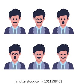 Set of six men with different facial emotions. Human face with  emoji character. Vector illustration