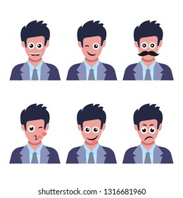Set of six men with different facial emotions. Human face with  emoji character. Vector illustration