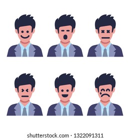 Set of six men with different facial emotions. Human face with  emoji character. Vector illustration