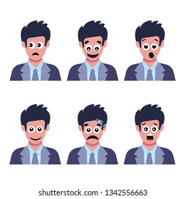 Set of six men with different facial emotions. Human face with  emoji character. Vector illustration