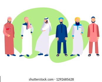 Set of six men, a group of Arabs in national dress. In minimalist style. Cartoon flat Vector Illustration