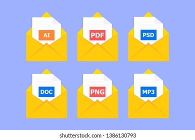 A set of six messages with different files. Blue background. Files of different colors.