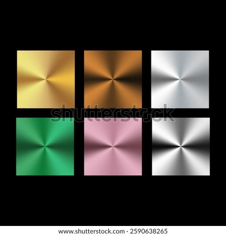 Set of six metallic gradient textures in square format, featuring gold, bronze, silver, green, pink, and black chrome effects