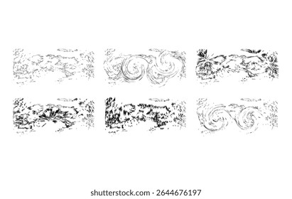 A set of six minimal abstract black ink textures on white backgrounds, combining fluid swirling patterns, explosive splatter effects, vertical scratch lines, and scattered grunge elements