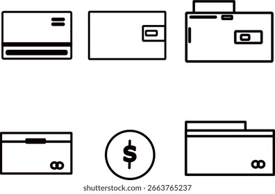 A set of six minimal black line icons representing office and document-related items, including text documents, form templates, a pencil, folders, and a stopwatch. Clean outline vector style, perfect 