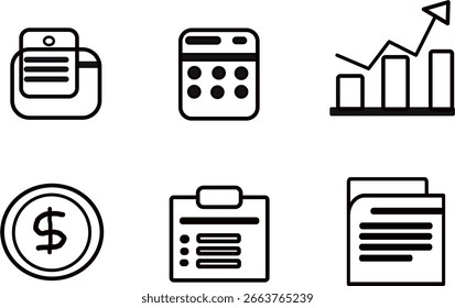 A set of six minimal black line icons representing office and document-related items, including text documents, form templates, a pencil, folders, and a stopwatch. Clean outline vector style, perfect 