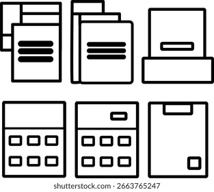 Ein Satz von sechs minimalen schwarzen Linien-Symbolen, die bürobezogene und dokumentbezogene Elemente darstellen, darunter Textdokumente, Formularvorlagen, einen Bleistift, Ordner und eine Stoppuhr. Saubere Kontur Vektor Stil, perfekt 