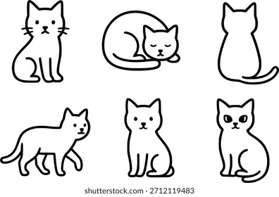 Un conjunto de seis Ilustraciones vectoriales mínimas para gatos. Gatos de arte de línea limpios y modernos diseñados en un estilo simple, elegante y estético. Perfecto para logotipos, pegatinas, iconos, marcas, gráficos de redes sociales,..