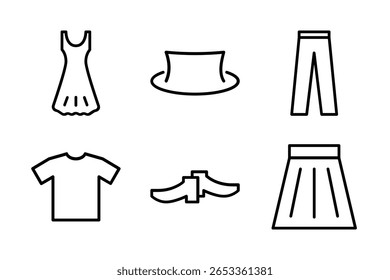 Um conjunto de seis ícones de linha mínima representando camisa, calças, saia, vestido, sapatos e chapéu. Perfeito para moda, design de interface do usuário e conteúdo relacionado a roupas.