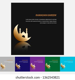 Set of six minimal modern luxury for Ramadan Kareem and Eid Mubarak greeting post card banner template design in square shape with Mosque silhouette. in colorful background color. Vector Illustration 