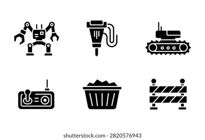 Set of six minimalist black glyph icons featuring an industrial robot, jackhammer, tracked vehicle, remote control, material bin, and construction barrier.