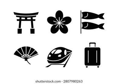 A set of six minimalist black silhouette icons representing iconic Japanese symbols including a torii gate a blooming sakura flower carp streamers a hand fan a high speed train and a travel suitcase presented against a clean white background design