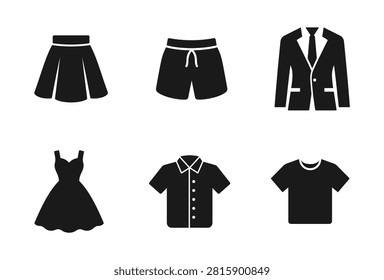 A set of six minimalist black silhouette icons representing various apparel items like formal suits summer shorts feminine dresses and casual shirts for fashion design