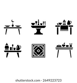 Set of Six Minimalist Black Tabletop Icons Elegant Flatware Moroccan Decor Ramadan Feast Simple Food Still Life