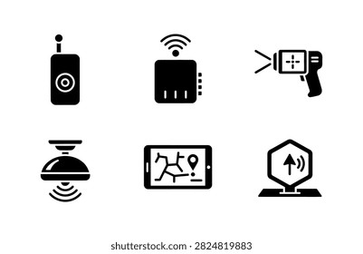 A set of six minimalist black vector icons representing various electronic devices, including transmitters, sensors, navigation systems, and wireless tech.