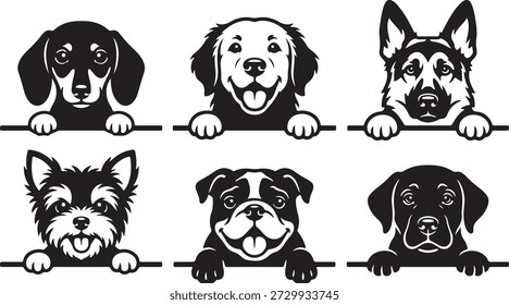 Set of six minimalist black and white dog breed vector illustrations.