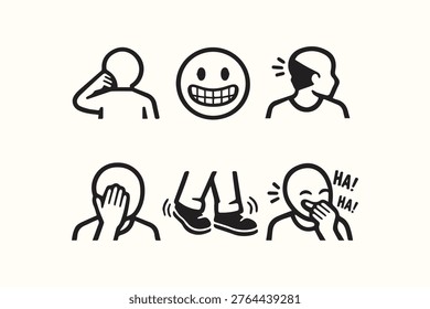 A set of six minimalist black and white icons illustrating various human expressions and activities including listening happiness thinking embarrassment movement and laughter