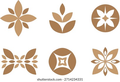 Conjunto de seis estampados de Vector floral minimalista en cálidos tonos beige terroso. Motivos simétricos de hojas y pétalos, modernos y elegantes, ideales para marcar, empaquetar, textiles, Fondos de pantalla, íconos y decorati