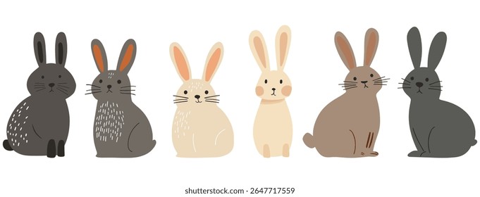 Set of six minimalist hand-drawn bunny vectors in neutral beige, brown, and gray tones with simple line textures. Perfect for Easter, nursery decor, greeting cards, web graphics, and playful spring.