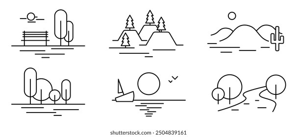 Un conjunto de seis iconos minimalistas del paisaje del arte de la línea que presentan diversas escenas como bosques, montañas y desiertos, ideales para la naturaleza y los diseños del viaje.