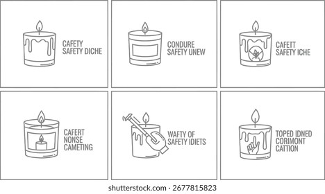 Un conjunto de seis iconos de arte de línea minimalistas que ilustran conceptos de seguridad de velas. Cada icono presenta una vela encendida en un contenedor con texto de marcador de posición.