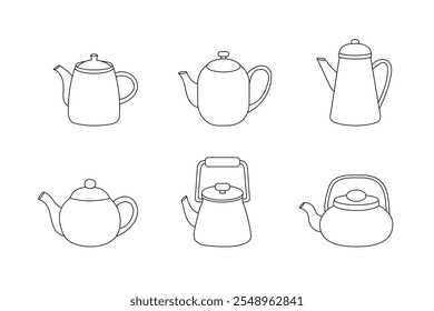 Set of six minimalist line drawings of different teapots