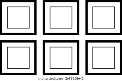 Set of six minimalist square wall photo frames, modern geometric gallery icon, black outline vector illustration for home decoration or template design