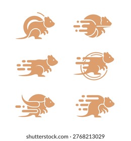 Set of six minimalist squirrel logo designs featuring motion speed lines, perfect for logistics, delivery, and tech branding. High-quality vector icons on a white background.