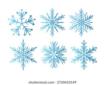 Satz von sechs minimalistischen Vektorschneeflocken mit blauem Farbverlauf-Effekt. Flaches geometrisches Design mit verschiedenen symmetrischen Kristallformen, einzeln auf weißem Hintergrund. Moderne Wintersymbole für Urlaubsbilder, Weihnachtsgrußkarten, Wetter-Apps und saisonale Webdekoration. Einfache und saubere grafische Elemente für Neujahrsbranding und dekorative Scrapbooking