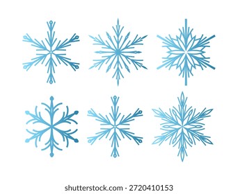 Set of six minimalist vector snowflakes with a blue gradient effect. Flat geometric design featuring various symmetrical crystal shapes isolated on a white background. Modern winter icons for holiday patterns, Christmas greeting cards, weather apps, and seasonal web decoration. Simple and clean graphic elements for New Year branding and decorative scrapbooking