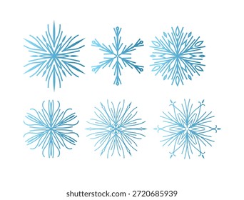 Satz von sechs minimalistischen Vektorschneeflocken mit blauem Farbverlauf-Effekt. Flaches geometrisches Design mit verschiedenen symmetrischen Kristallformen, einzeln auf weißem Hintergrund. Moderne Wintersymbole für Urlaubsbilder, Weihnachtsgrußkarten, Wetter-Apps und saisonale Webdekoration. Einfache und saubere grafische Elemente für Neujahrsbranding und dekorative Scrapbooking