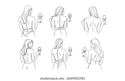 Set of Six Minimalist Women Holding Wine Glasses – Abstract Female Back View Silhouettes for Decor, Logo, and Tattoo