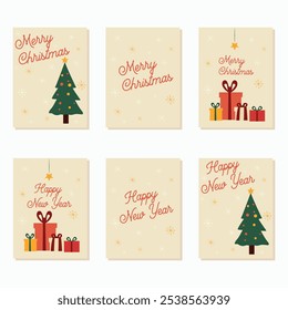 Set of six minimalistic holiday cards with Merry Christmas and Happy New Year texts, featuring trees, gift boxes, stars, and snowflakes on a beige background. Ideal for festive greetings