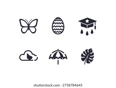 A set of six modern black glyph icons on a white background including a butterfly egg graduation cap cloud bird umbrella and monstera leaf.