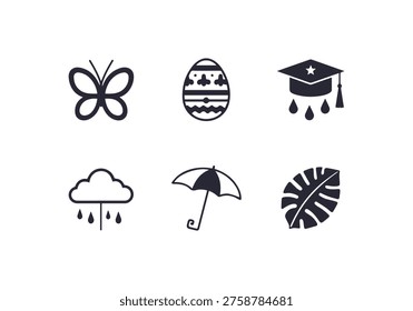 A set of six modern black silhouette icons on a white background including a butterfly Easter egg graduation cap rain cloud umbrella and monstera leaf.