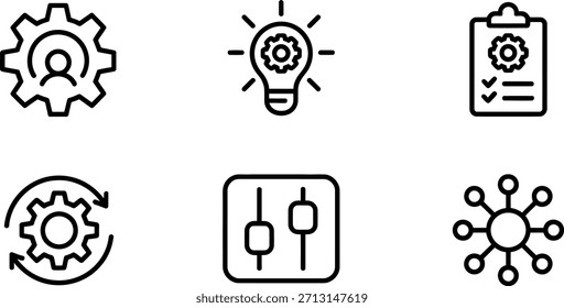 Conjunto de seis iconos de líneas modernas y limpias que representan los procesos comerciales, la gestión y los conceptos de tecnología.