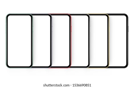 Set of six modern colorful cellphones with blank screens. Vector illustration