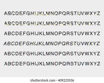 Set of the six modern custom glitch distortion alphabet font. Trendy glitch vector font set. Gray background. Stock vector.