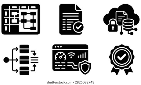 Set of six modern flat icons representing business analytics and data management concepts
