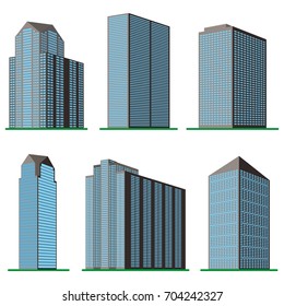 Set of six  modern high-rise building on a white background. View of the building from the bottom. Isometric vector illustration.
