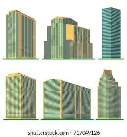 Set of six  modern high-rise building on a white background. View of the building from the bottom. Isometric vector illustration.
