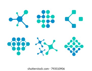 Set of six molecule logo templates. Isolated on white background. Vector illustration, eps 10.
