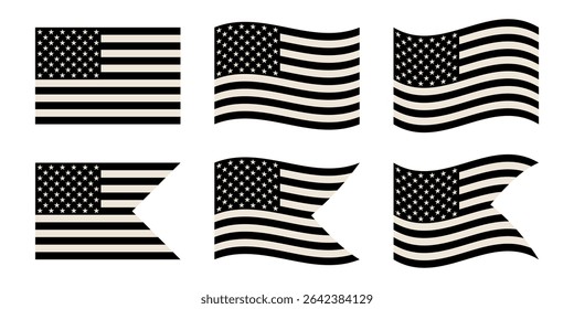 Set of six monochrome American flag icons in various shapes and wave styles. Minimal flat vector set. Independence Day celebration. Design for banner, poster, postcard, print, sticker