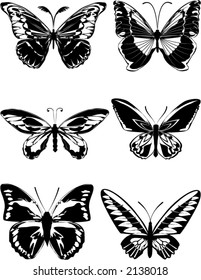 set of six monochrome butterflies