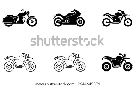 Set of six monochrome motorcycle and ATV icons. Perfect for apps, websites, or graphic design projects needing transportation imagery.