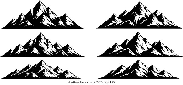 Um conjunto de seis silhuetas de montanha em um formato vetorial, perfeito para uso de design, apresentando várias formas de montanha