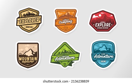 Set Of Six Mountain Travel Emblems. Camping Outdoor Adventure Emblem, Badge And Logo Patch. Mountain Tourism, Hiking. Jungle Camp Label In Vintage Style.