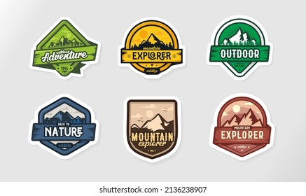 Set Of Six Mountain Travel Emblems. Camping Outdoor Adventure Emblem, Badge And Logo Patch. Mountain Tourism, Hiking. Jungle Camp Label In Vintage Style.